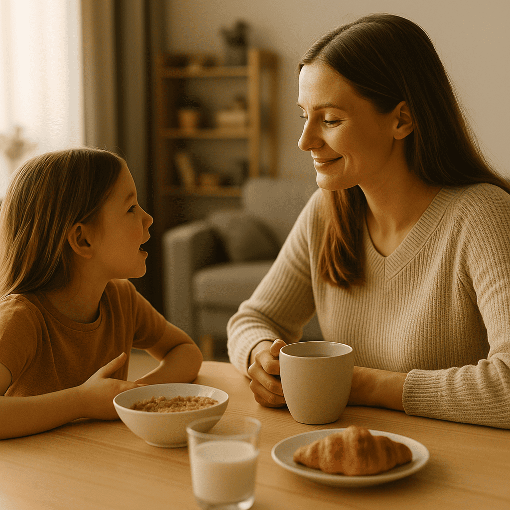 Alleenstaande moeder deelt een liefdevol moment met haar kind aan de keukentafel